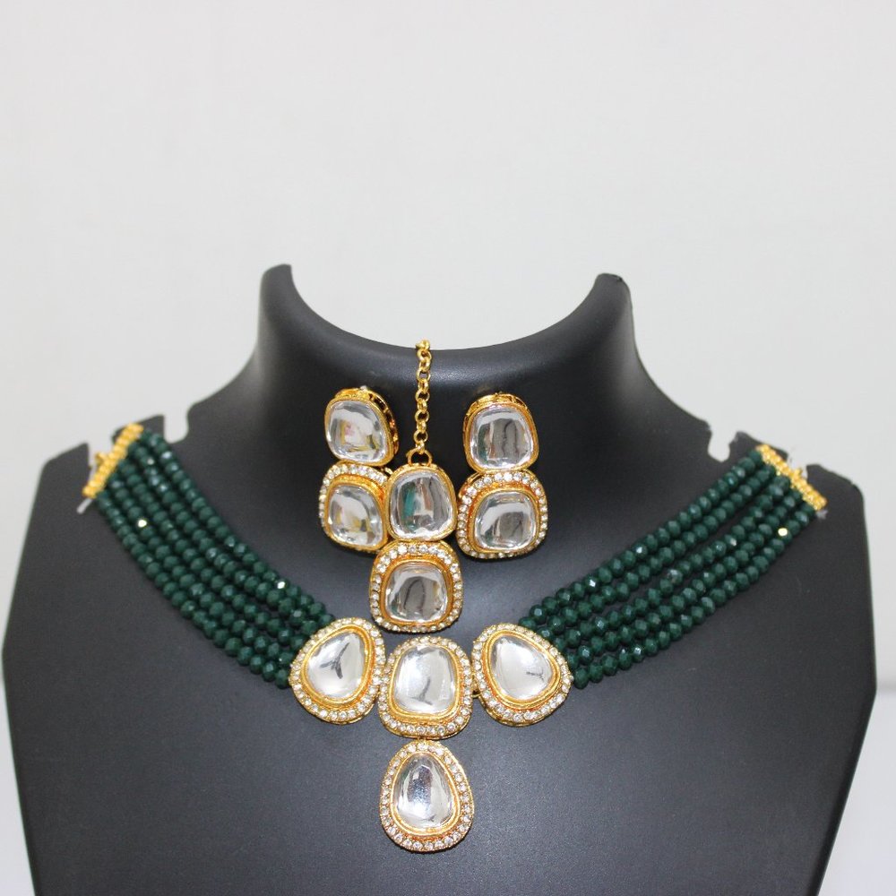 Green Kundan Polki Set for Women - Picture 1 of 4